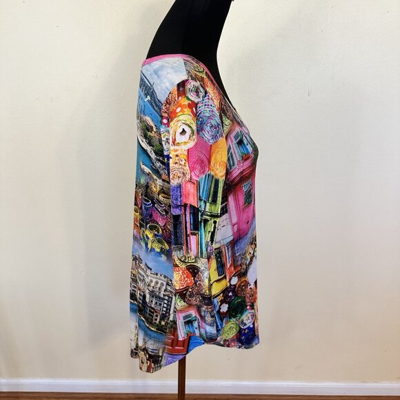 Karen Kane Womens Tunic Top Parisian Print Medium Crew Slinky Pink 3/4 Sleeve - Picture 6 of 6